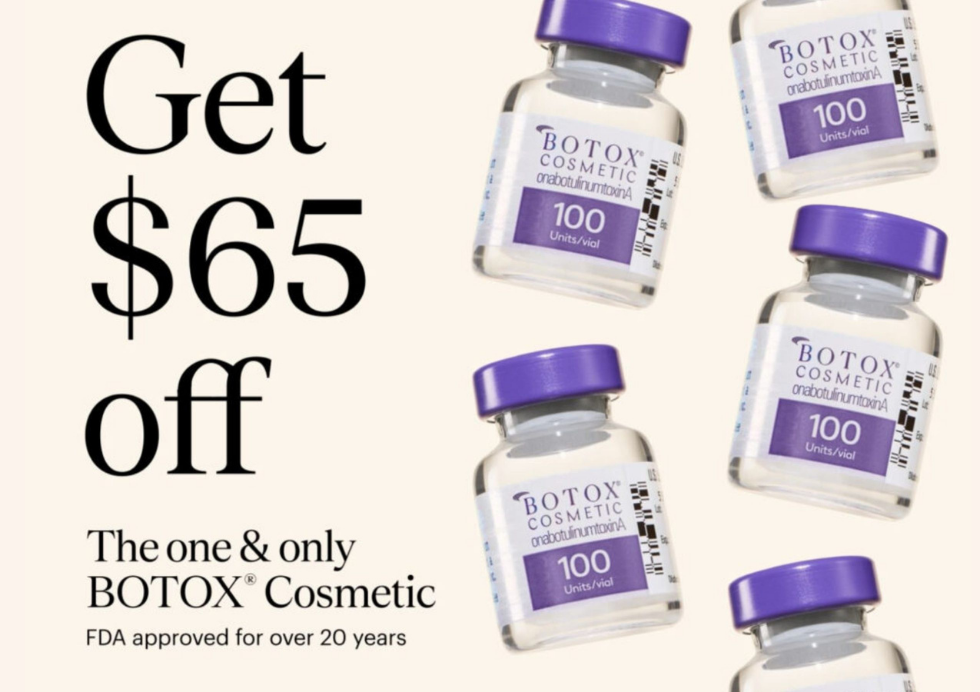 Promotional Juvederm ad offering  off your first treatment, with orange background and product boxes in purple packaging.