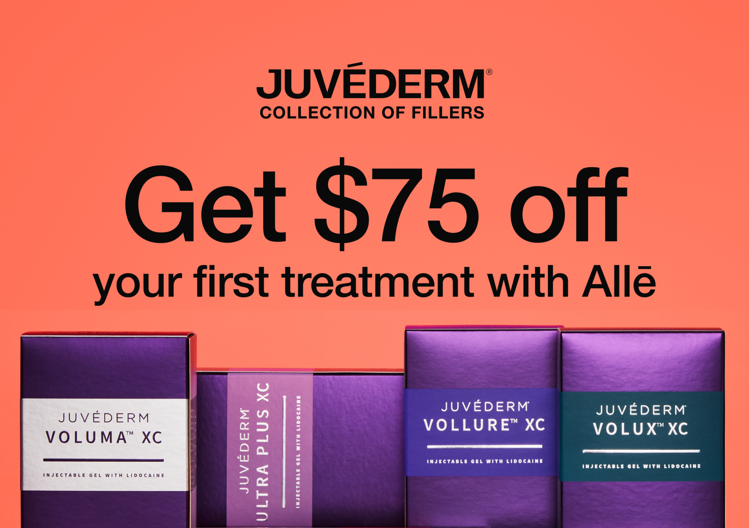 Promotional Juvederm ad offering  off your first treatment, with orange background and product boxes in purple packaging.
