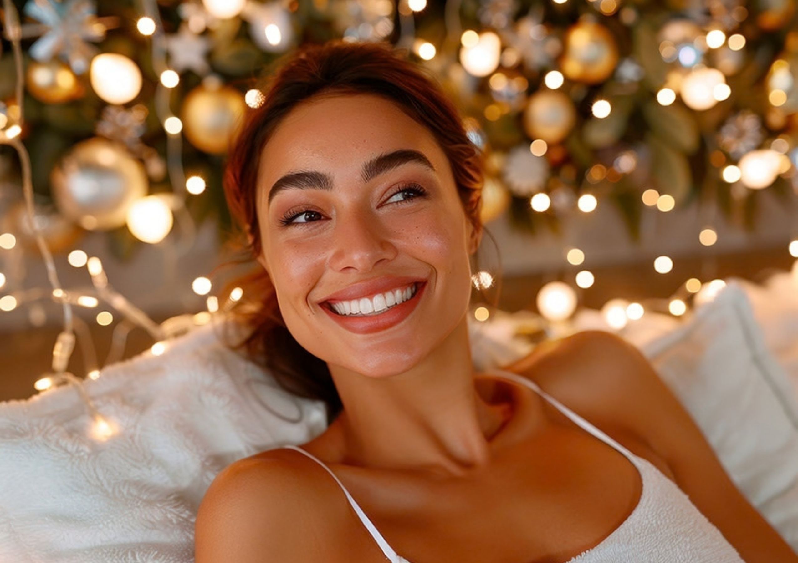 Clinician in gloves uses a handheld cosmetic laser on a woman's cheek during a facial treatment.